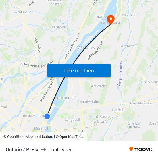 Ontario / Pie-Ix to Contrecœur map