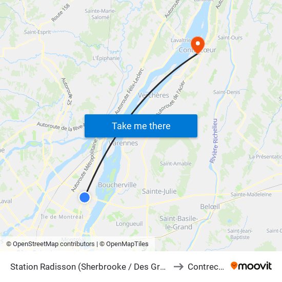 Station Radisson (Sherbrooke / Des Groseilliers) to Contrecœur map