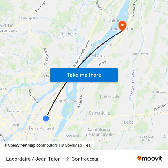 Lacordaire / Jean-Talon to Contrecœur map