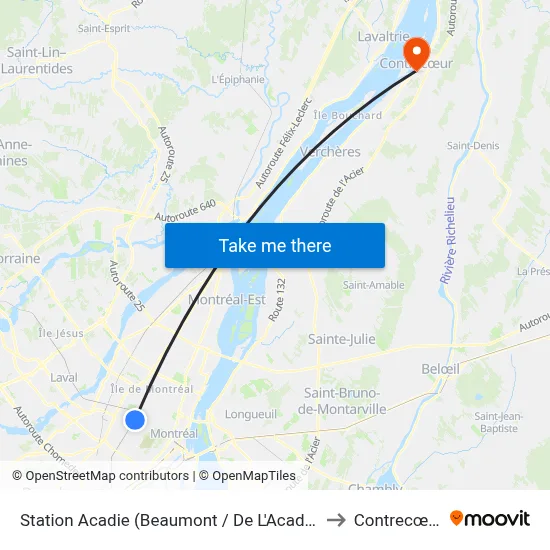 Station Acadie (Beaumont / De L'Acadie) to Contrecœur map