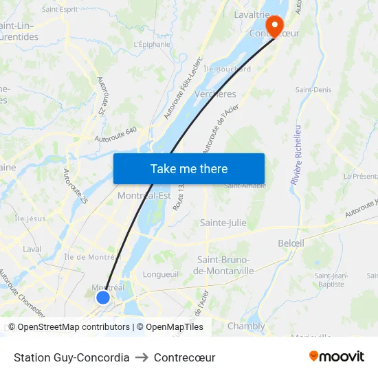 Station Guy-Concordia to Contrecœur map