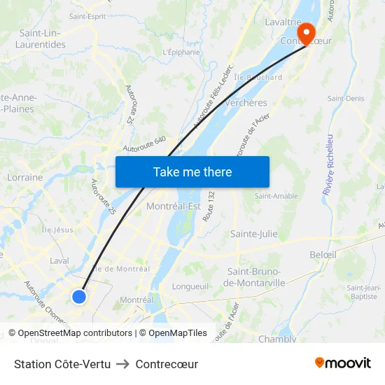 Station Côte-Vertu to Contrecœur map