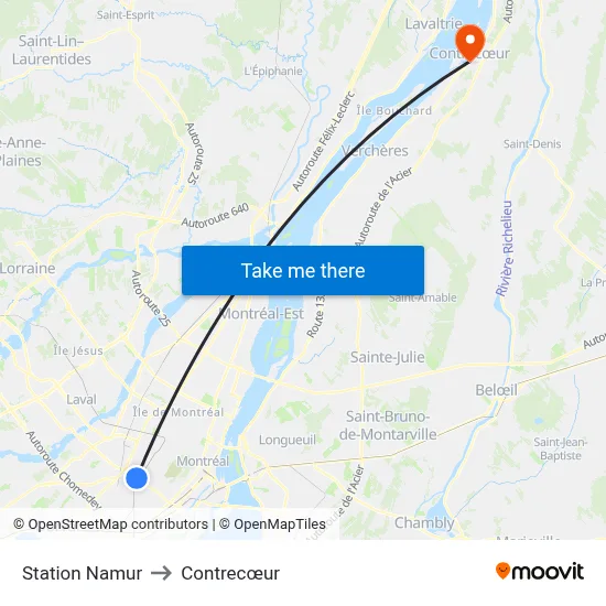 Station Namur to Contrecœur map