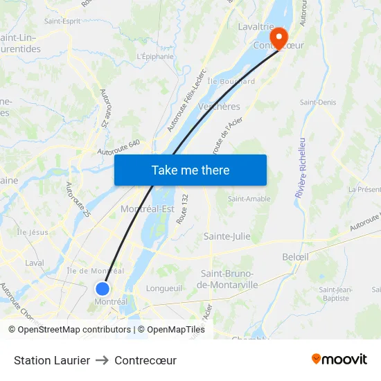 Station Laurier to Contrecœur map
