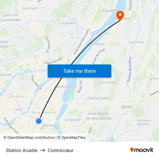 Station Acadie to Contrecœur map