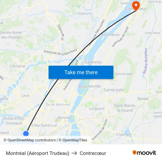 Montréal (Aéroport Trudeau) to Contrecœur map
