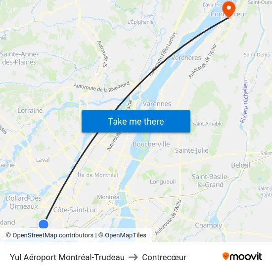 Yul Aéroport Montréal-Trudeau to Contrecœur map