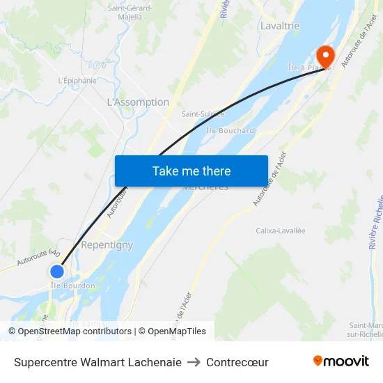 Supercentre Walmart Lachenaie to Contrecœur map