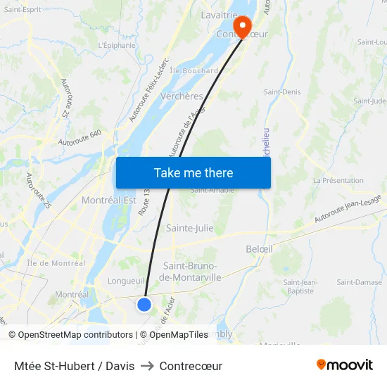 Mtée St-Hubert / Davis to Contrecœur map