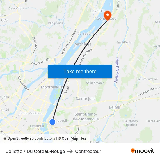 Joliette / Du Coteau-Rouge to Contrecœur map