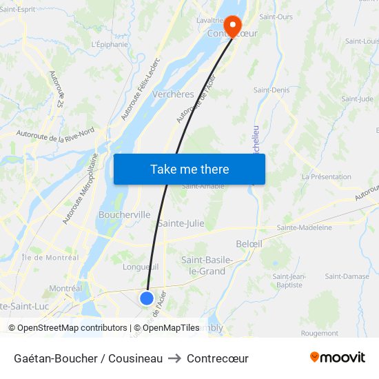 Gaétan-Boucher / Cousineau to Contrecœur map