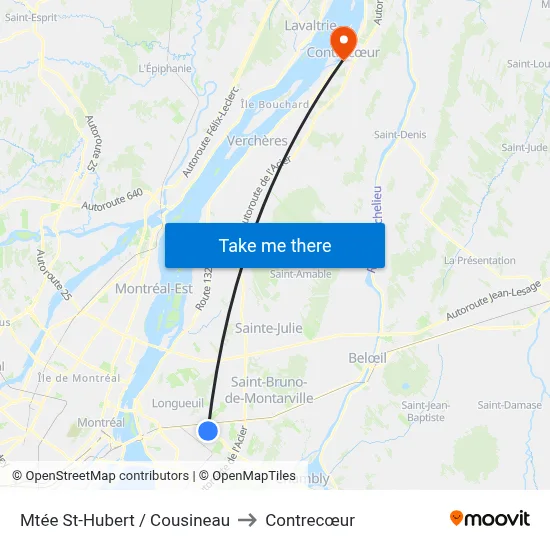 Mtée St-Hubert / Cousineau to Contrecœur map