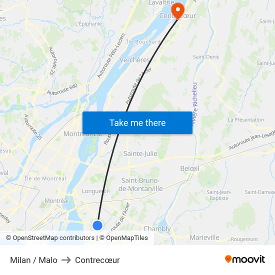 Milan / Malo to Contrecœur map