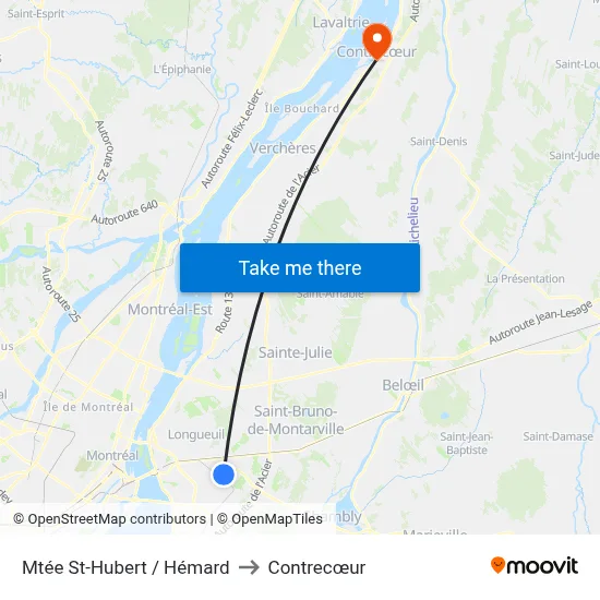 Mtée St-Hubert / Hémard to Contrecœur map