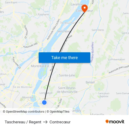 Taschereau / Regent to Contrecœur map