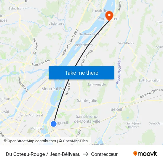Du Coteau-Rouge / Jean-Béliveau to Contrecœur map