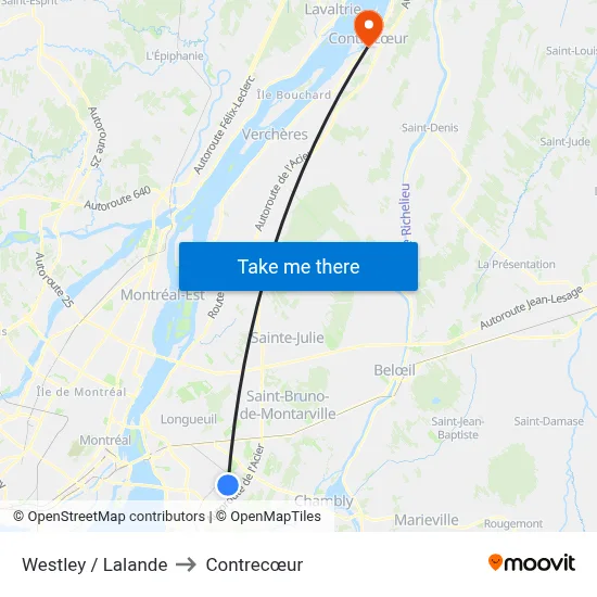 Westley / Lalande to Contrecœur map