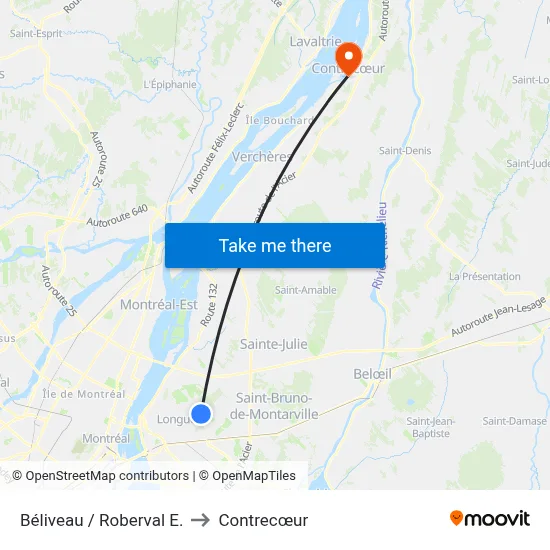 Béliveau / Roberval E. to Contrecœur map