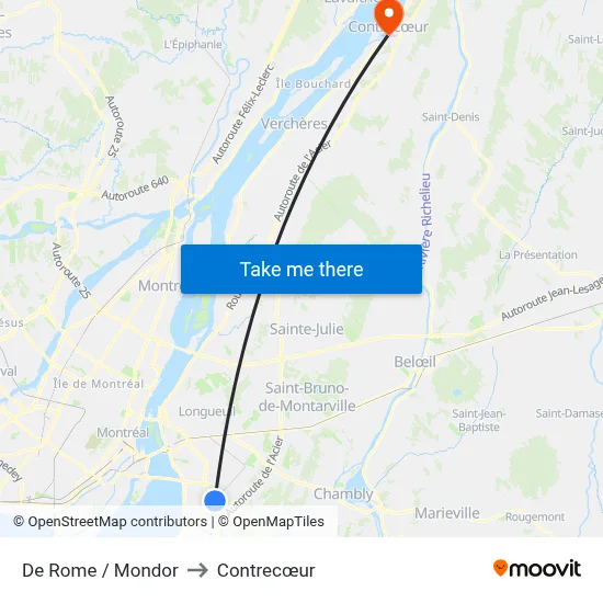De Rome / Mondor to Contrecœur map