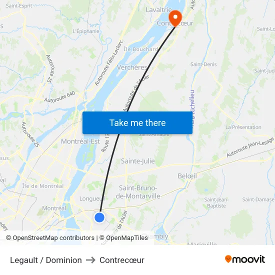 Legault / Dominion to Contrecœur map