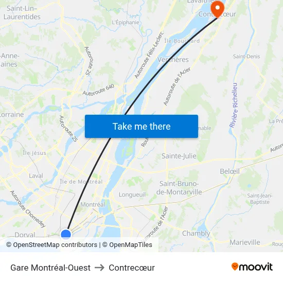 Gare Montréal-Ouest to Contrecœur map