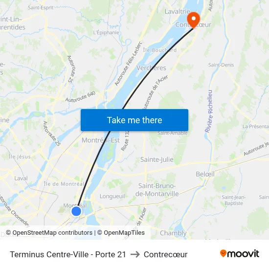 Terminus Centre-Ville - Porte 21 to Contrecœur map