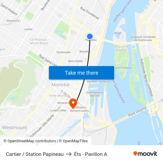 Cartier / Station Papineau to Éts - Pavillon A map