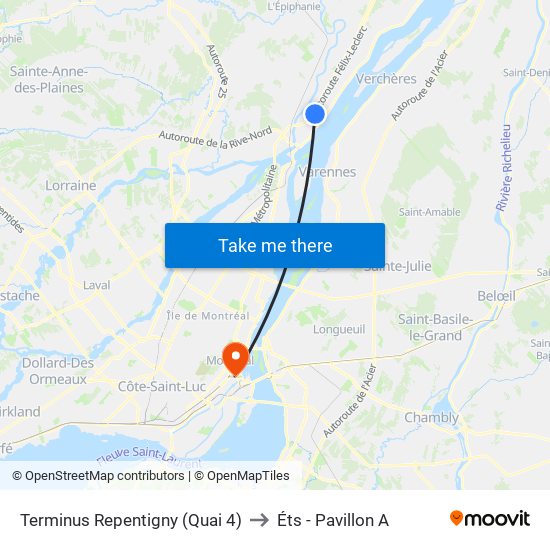 Terminus Repentigny (Quai 4) to Éts - Pavillon A map
