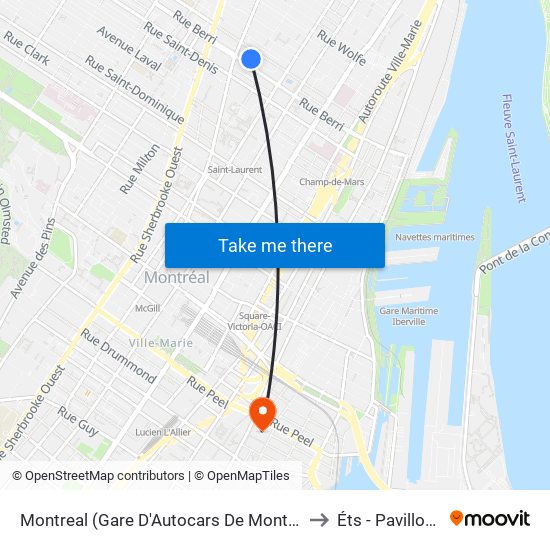Montreal (Gare D'Autocars De Montreal) to Éts - Pavillon A map