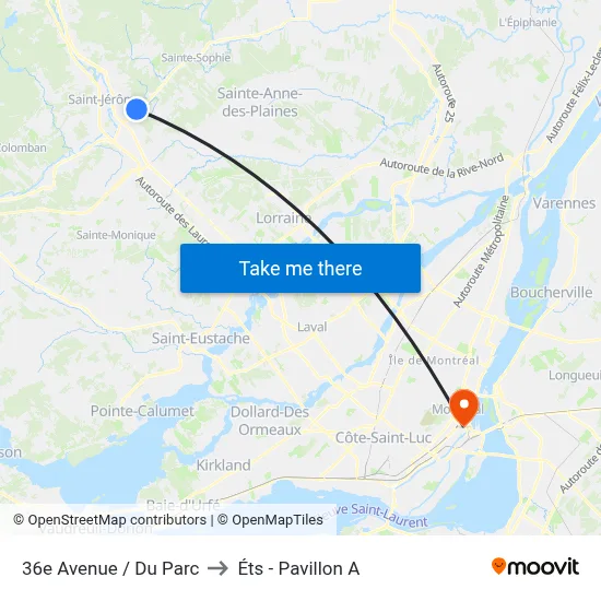 36e Avenue / Du Parc to Éts - Pavillon A map