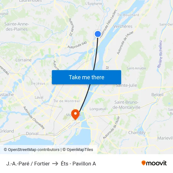 J.-A.-Paré / Fortier to Éts - Pavillon A map