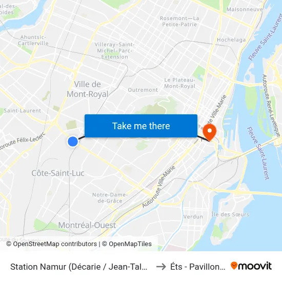 Station Namur (Décarie / Jean-Talon) to Éts - Pavillon A map