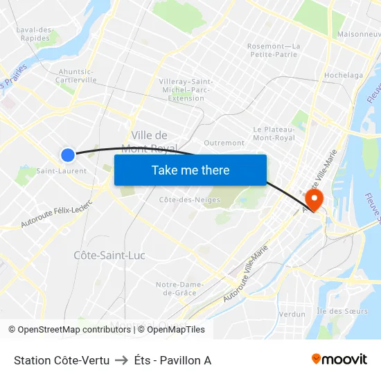 Station Côte-Vertu to Éts - Pavillon A map