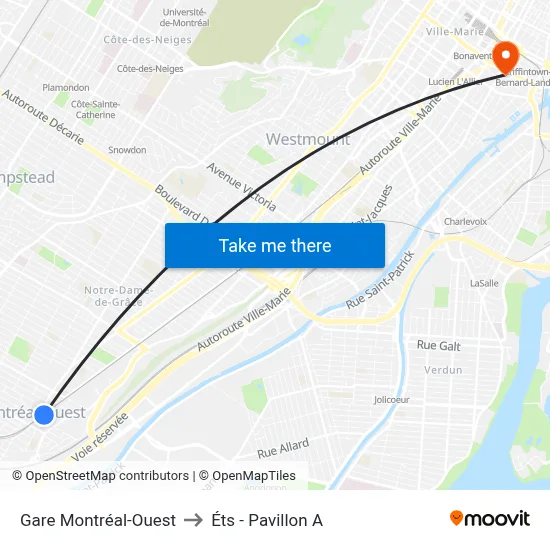 Gare Montréal-Ouest to Éts - Pavillon A map