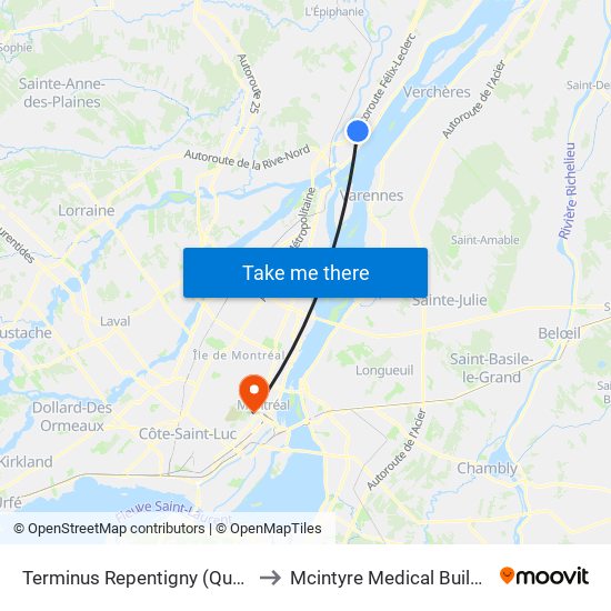 Terminus Repentigny (Quai 4) to Mcintyre Medical Building map