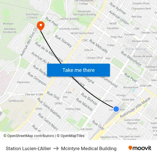 Station Lucien-L'Allier to Mcintyre Medical Building map