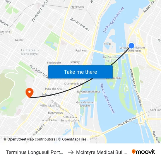 Terminus Longueuil Porte G4 to Mcintyre Medical Building map