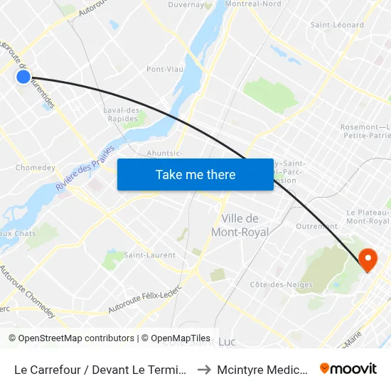 Le Carrefour / Devant Le Terminus Le Carrefour to Mcintyre Medical Building map