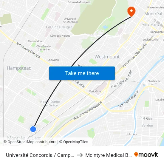 Université Concordia / Campus Loyola to Mcintyre Medical Building map