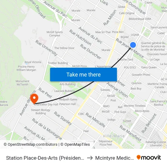 Station Place-Des-Arts (Président-Kennedy / Jeanne to Mcintyre Medical Building map