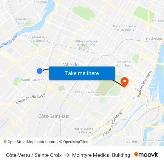 Côte-Vertu / Sainte-Croix to Mcintyre Medical Building map