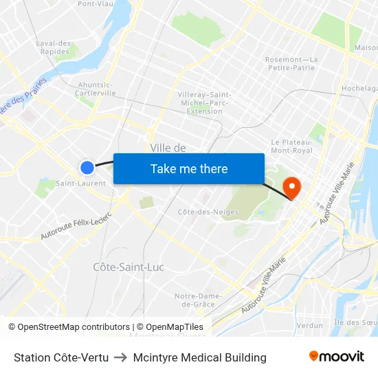Station Côte-Vertu to Mcintyre Medical Building map