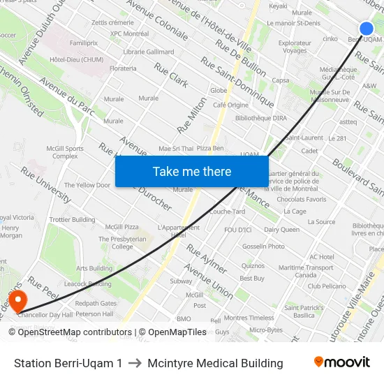 Station Berri-Uqam 1 to Mcintyre Medical Building map