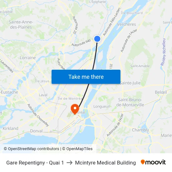 Gare Repentigny - Quai 1 to Mcintyre Medical Building map