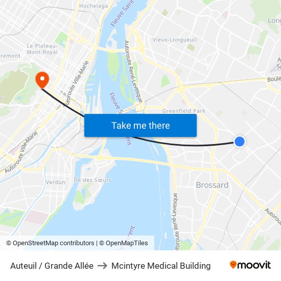 Auteuil / Grande Allée to Mcintyre Medical Building map