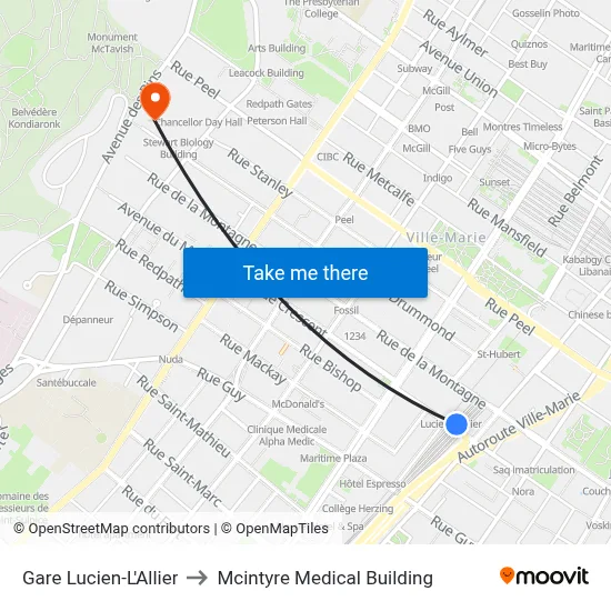 Gare Lucien-L'Allier to Mcintyre Medical Building map