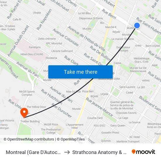 Montreal (Gare D'Autocars De Montreal) to Strathcona Anatomy & Dentistry Building map