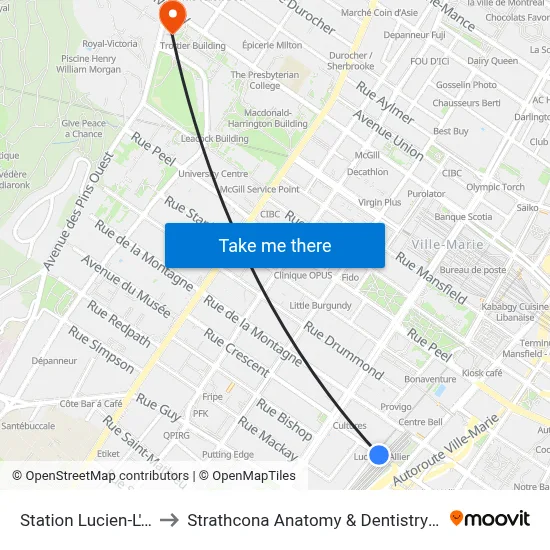 Station Lucien-L'Allier to Strathcona Anatomy & Dentistry Building map