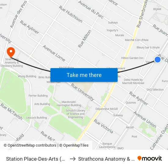 Station Place-Des-Arts (Pr.-Kennedy/Bleury) to Strathcona Anatomy & Dentistry Building map