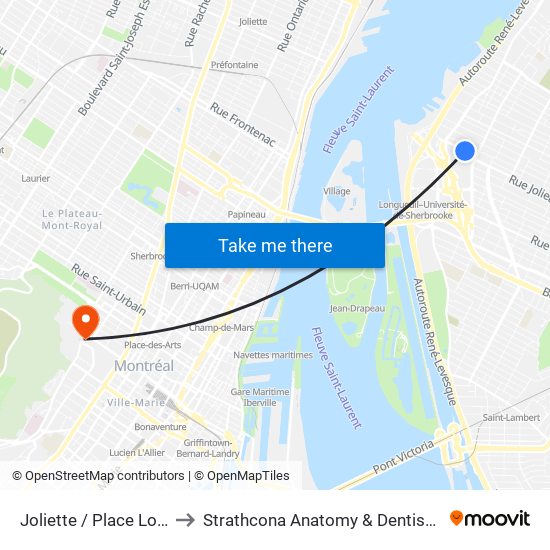 Joliette / Place Longueuil to Strathcona Anatomy & Dentistry Building map